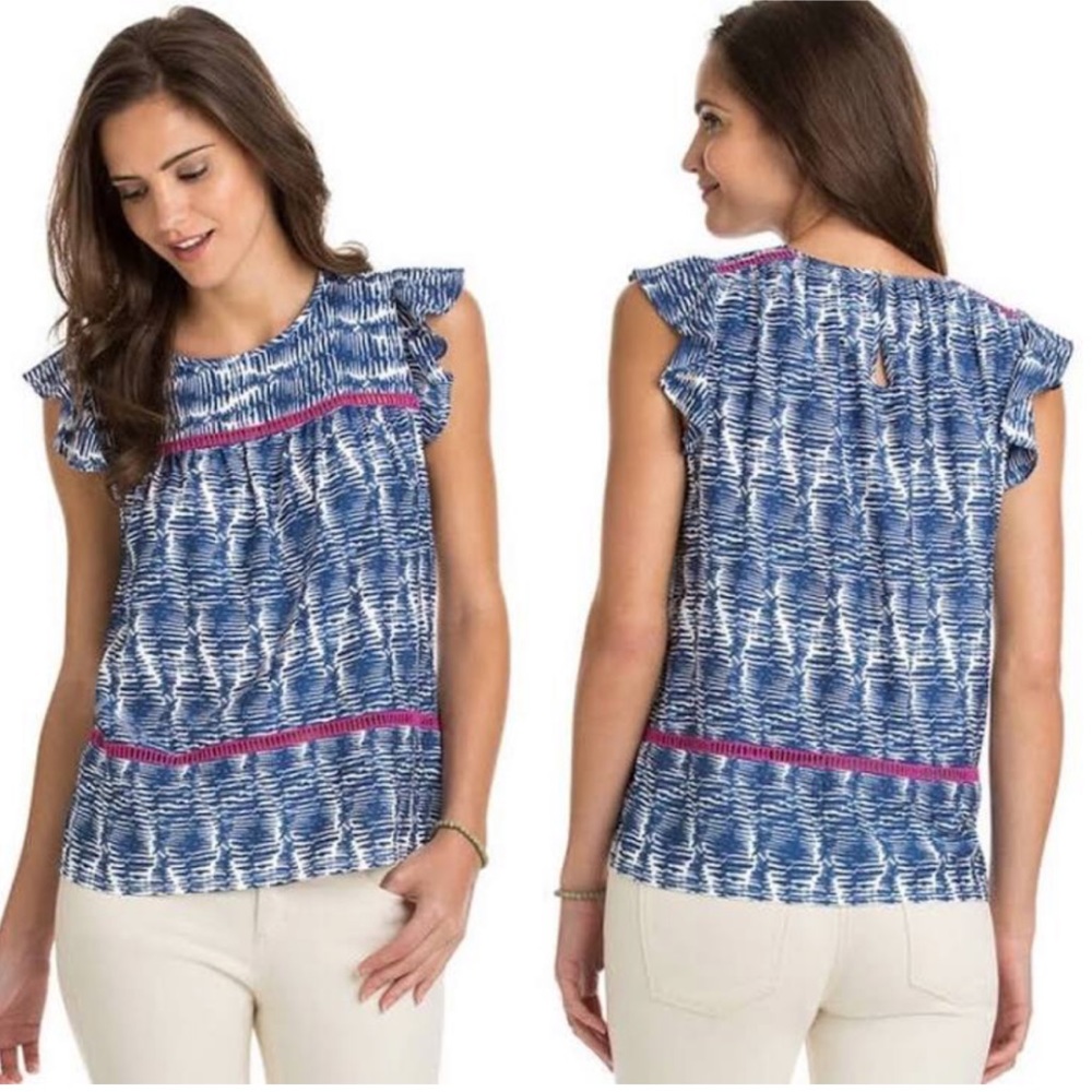 Vineyard Vines Commodore silky blue & white ruffle sleeve swing top Size Small